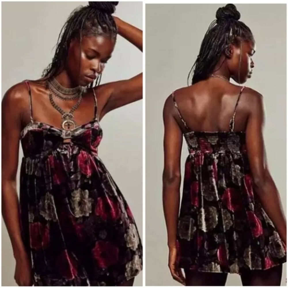 Free People Velvet Floral Jumpsuit in Black and Red